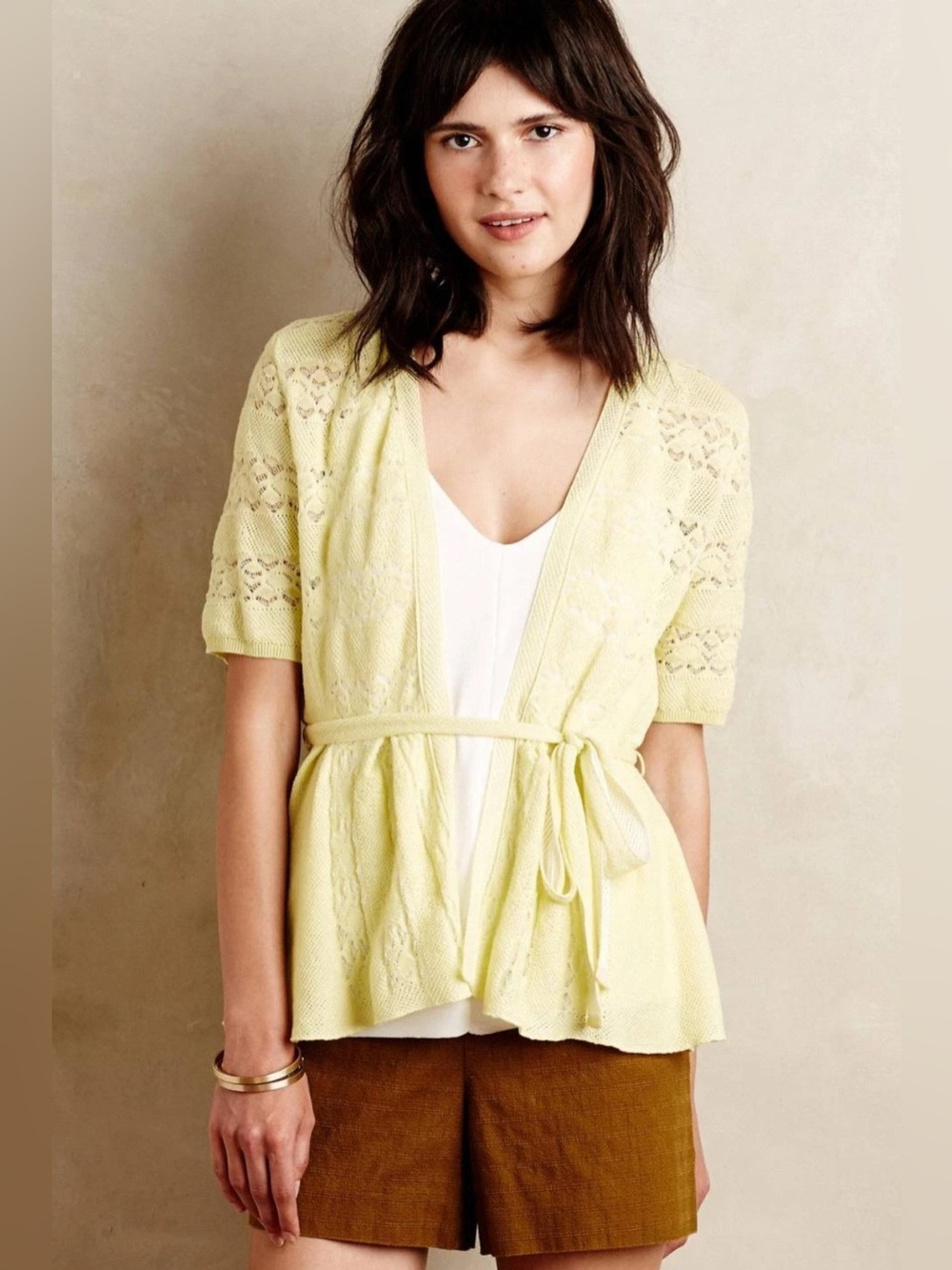 Anthropologie Knitted & Knotted Yellow Lace Pointelle Cardigan Womens Large Boho